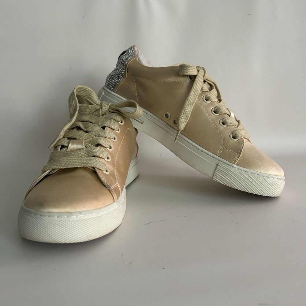 Lola Cruz Satin Rhinestone Smiley Face Low Top Sneakers Champagne Gold Size 38